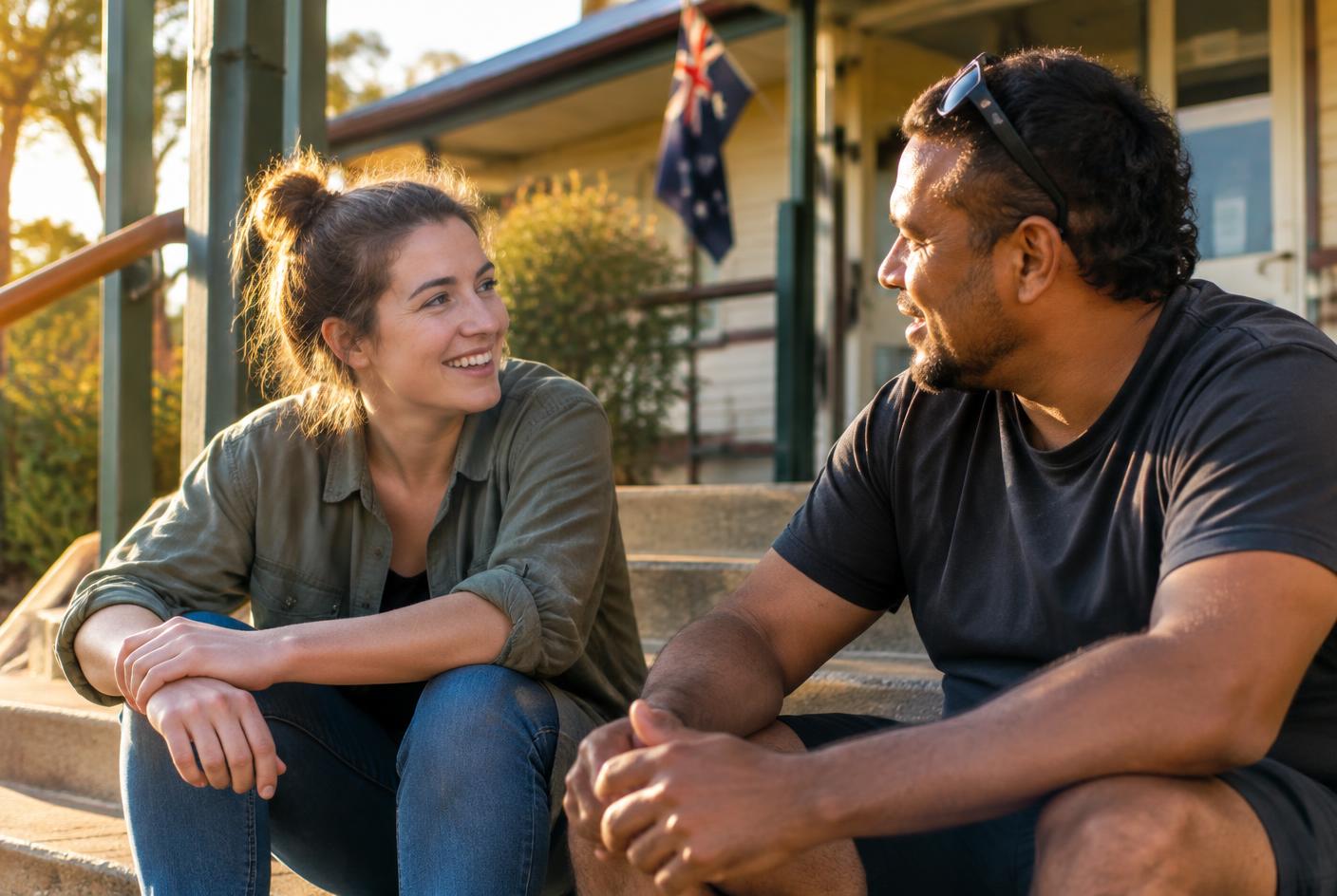 Two people talking warmly at a table